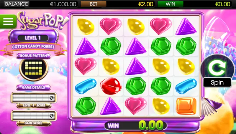 Sugar Pop slot interface with 5x5 candy grid, level meter and bonus pattern panel