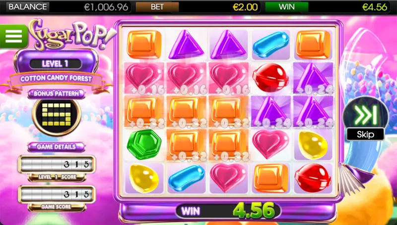 Sugar Pop gameplay showing several candy groups paying on the 5x5 grid