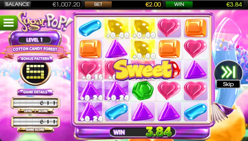 Sugar Pop slot showing a Sweet win after matching candies connect on the grid